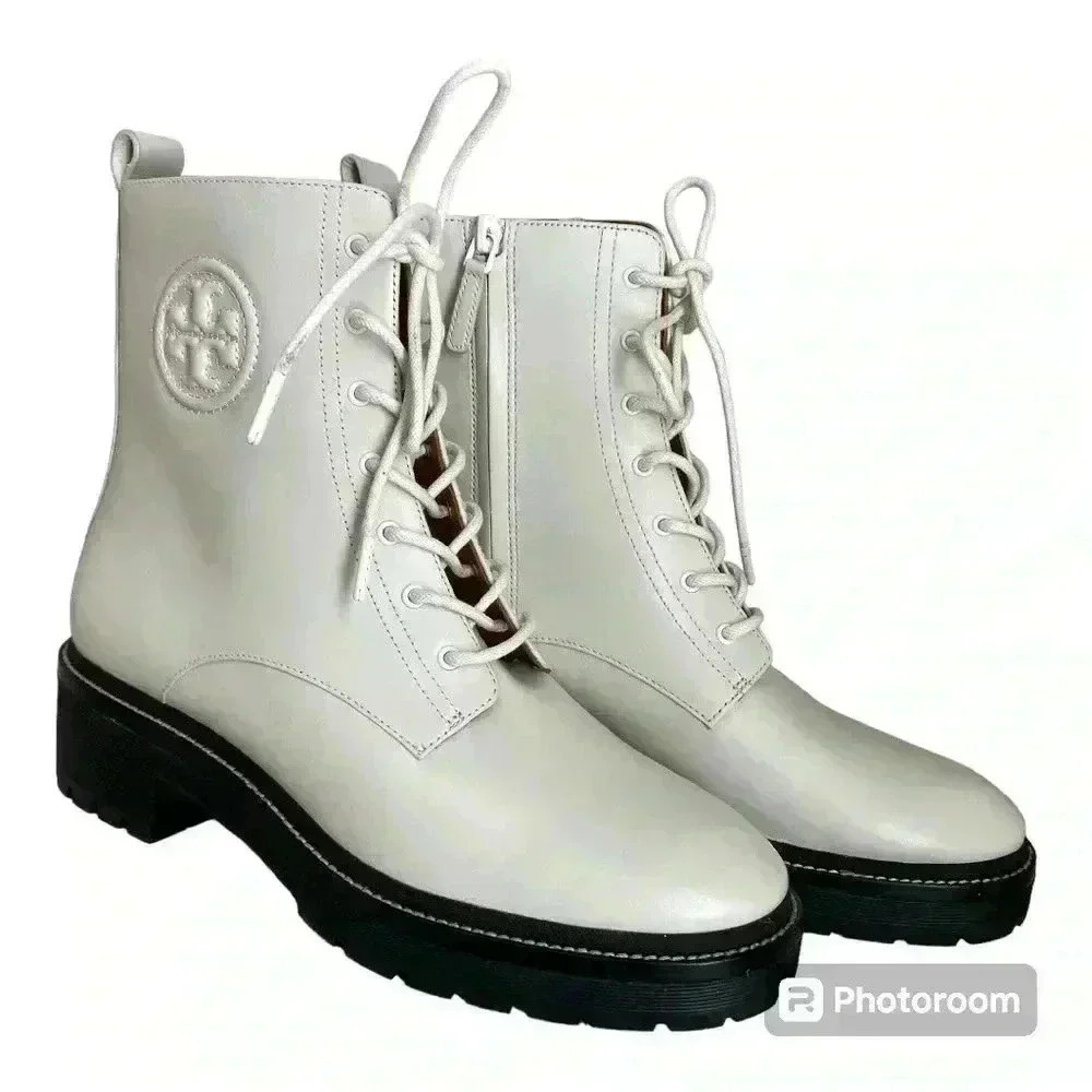 NEW Tory Burch Miller 50 White Leather Lug-Sole Booties Women’s Size 10.5